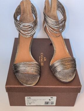 COACH Metallic Light Gold Strappy Ankle-Heel Sandals